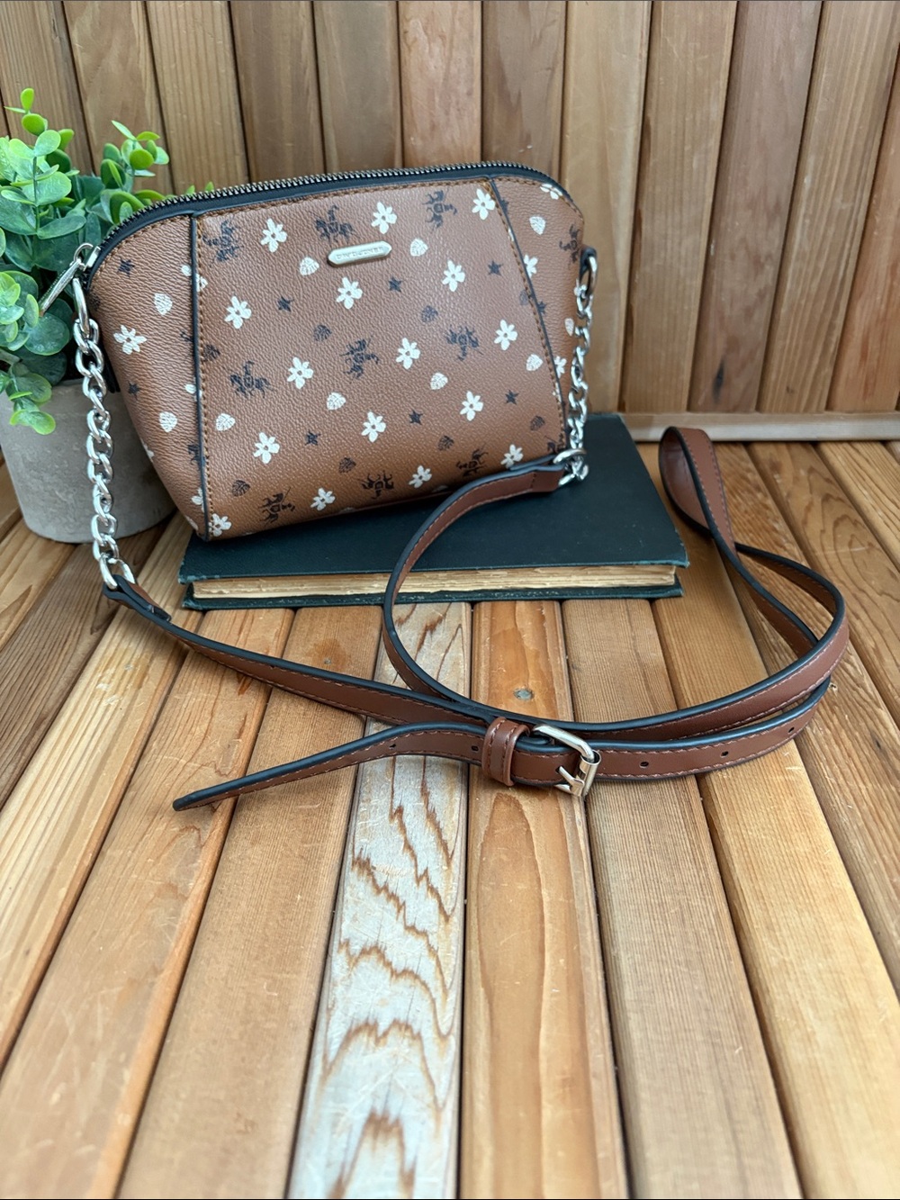 David Jones Paris Brown Floral Crossbody Bag with SilverToned Chain Strap